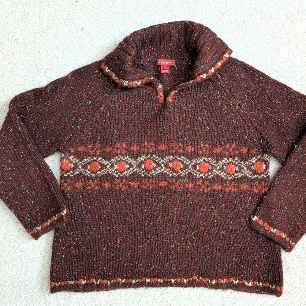 Sundance Brown Fair Isle Knit Split Neck Shawl Sweater Large Cottagecore Cabin